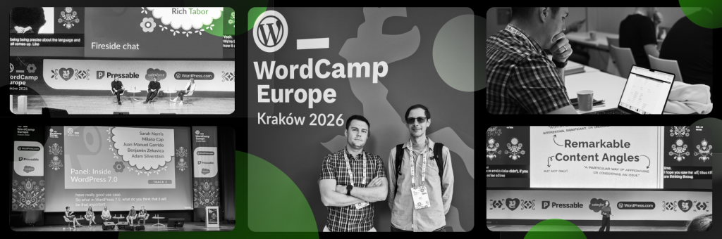 The image shows our two colleagues attending WordCamp Europe 2026 Recap, where they learnt more about Wordpress Development, AI, and Content Strategy.