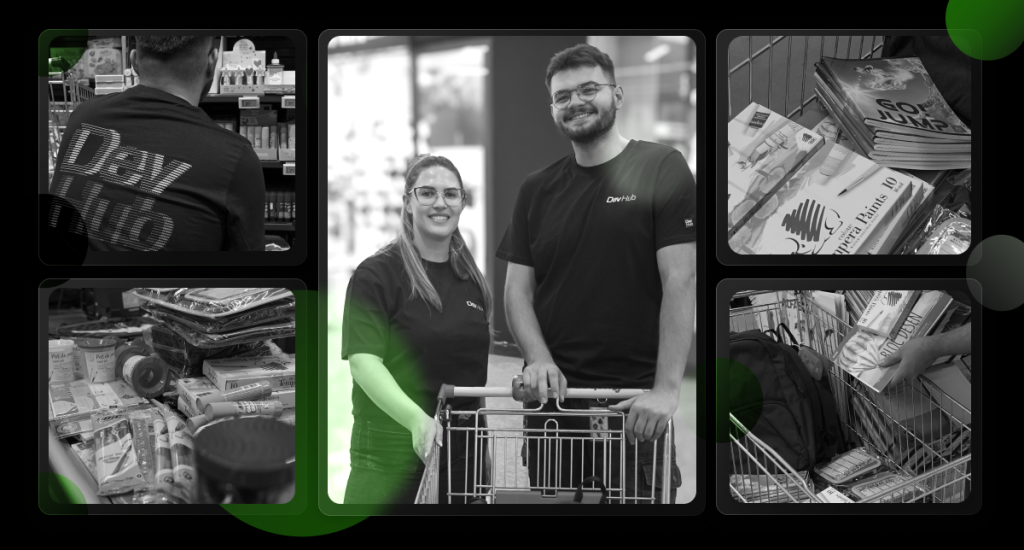 DevHub team members shopping for school supplies with a cart, part of the company's Back to School CSR initiative.
