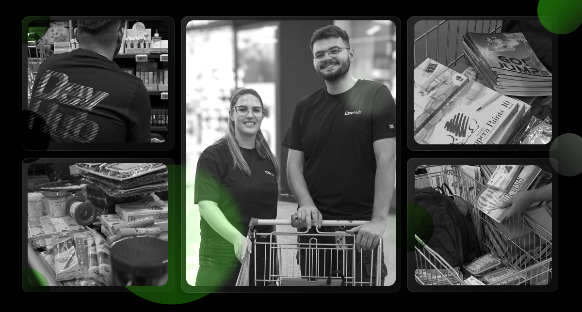 DevHub team members shopping for school supplies with a cart, part of the company's Back to School CSR initiative.