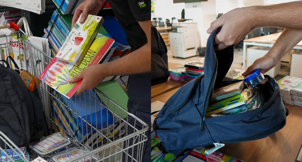 Volunteer selecting school supplies from a shopping cart and packing a backpack with notebooks and stationery for a back-to-school donation drive.